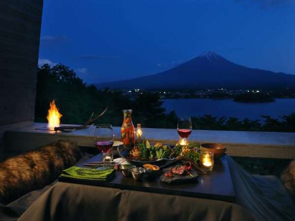 Dinner at the cabin balcony- HOSHINOYA Fuji